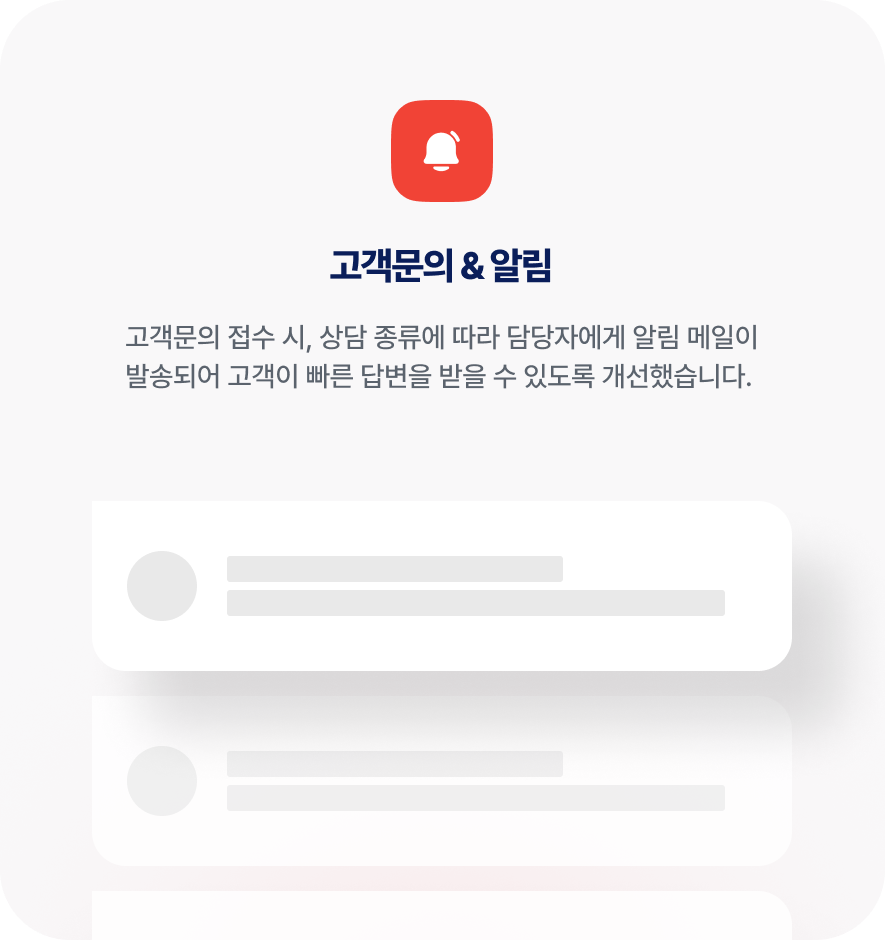 고객문의 & 알림 고객문의 접수 시, 상담 종류에 따라 담당자에게 알림 메일이 발송되어 고객이 빠른 답변을 받을 수 있도록 개선했습니다.