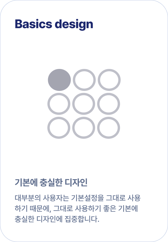 Basics design 기본에 충실한 디자인 대부분의 사용자는 기본설정을 그대로 사용 하기 때문에, 그대로 사용하기 좋은 기본에 충실한 디자인에 집중합니다.